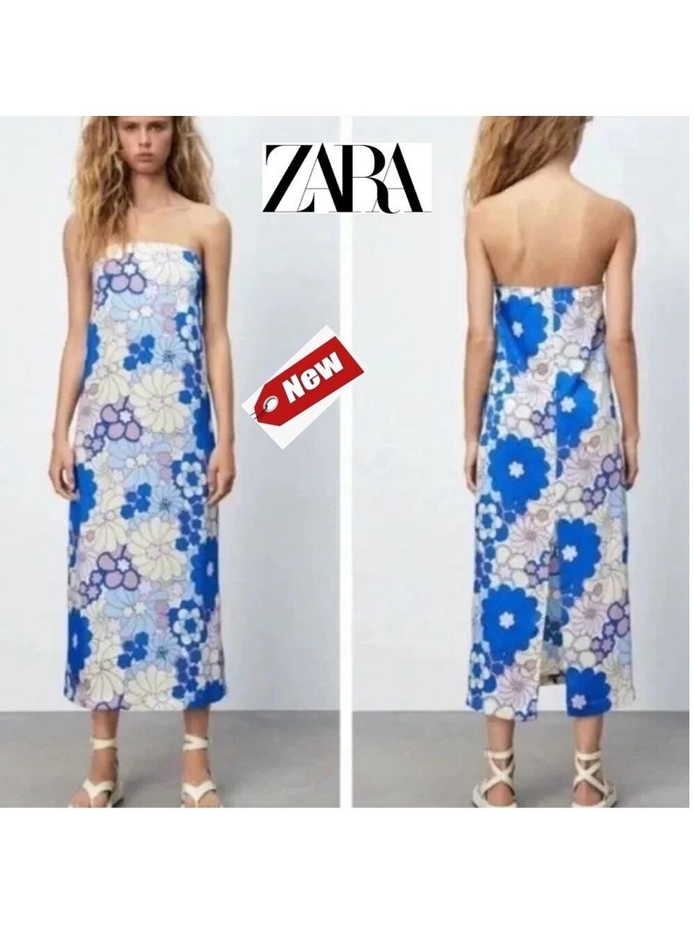 Zara blue purple floral flower print hippie strapless midi dress 70s 80s NWT